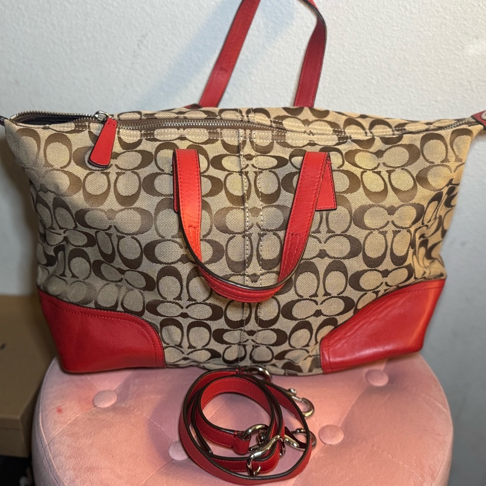 Coach Signature Canvas Tote Bag - Red and Brown
